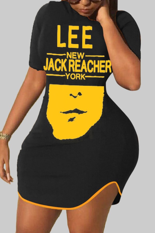 

lovely Casual O Neck Letter Print Yellow Mini Plus Size Dress