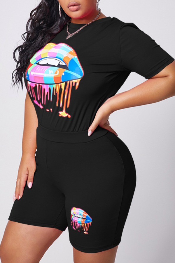 

lovely Casual O Neck Lip Print Black Plus Size Two-piece Shorts Set