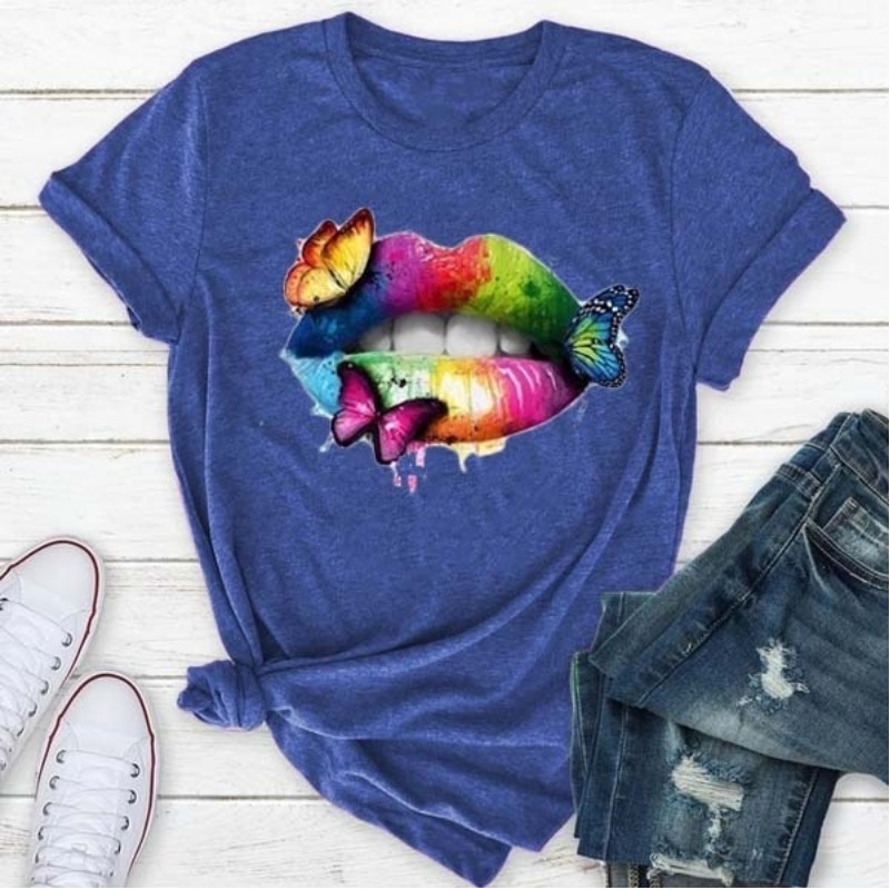 

lovely Leisure O Neck Lip Print Blue Plus Size Tshirt