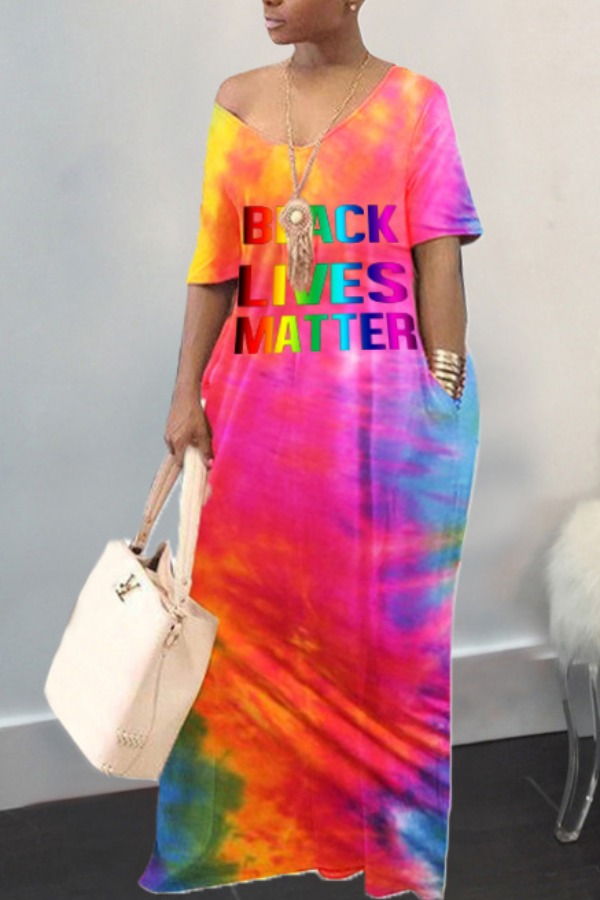 

lovely Casual V Neck Tie-dye Pink Maxi Plus Size Dress
