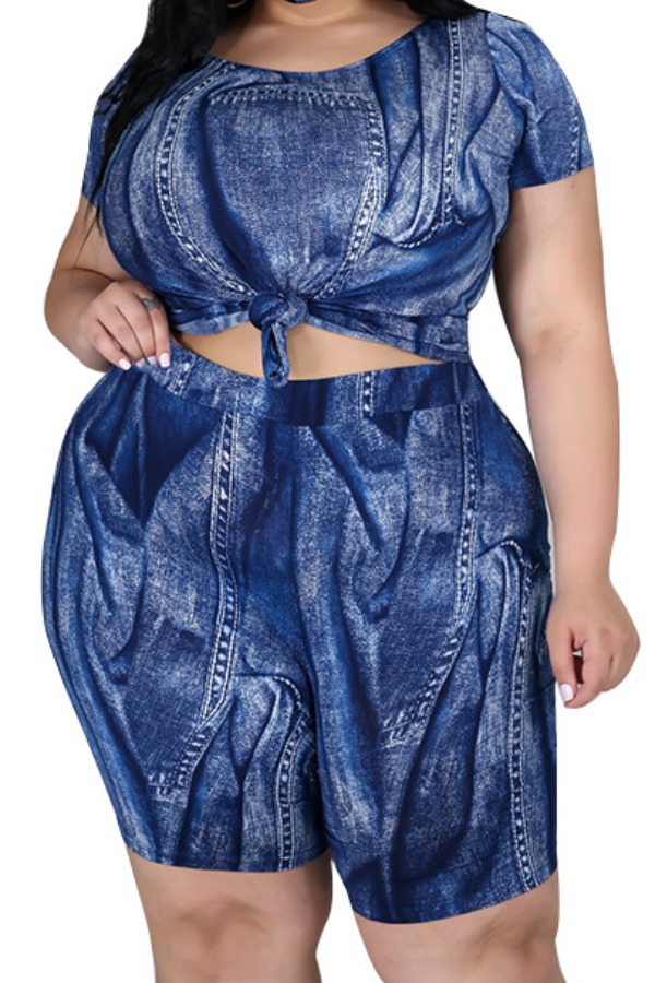 

lovely Leisure Tie-dye Royalblue Plus Size Two-piece Shorts Set