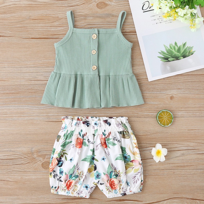 

lovely Stylish Plants Print Green Girl Two-piece Shorts Set