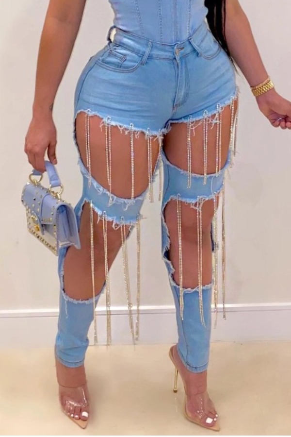 

LW Trendy Hollow-out Tassel Design Blue Jeans