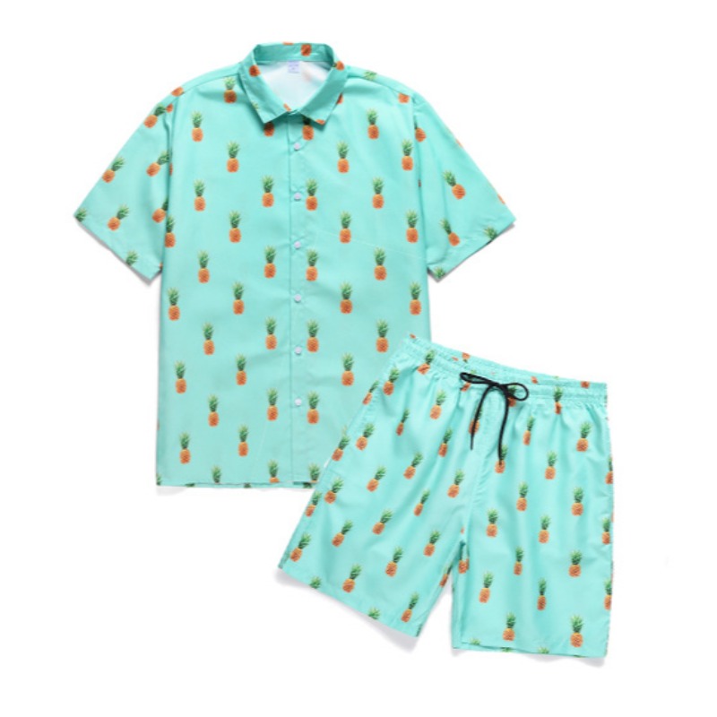 

lovely Leisure Turndown Collar Print Green Two-piece Shorts Set