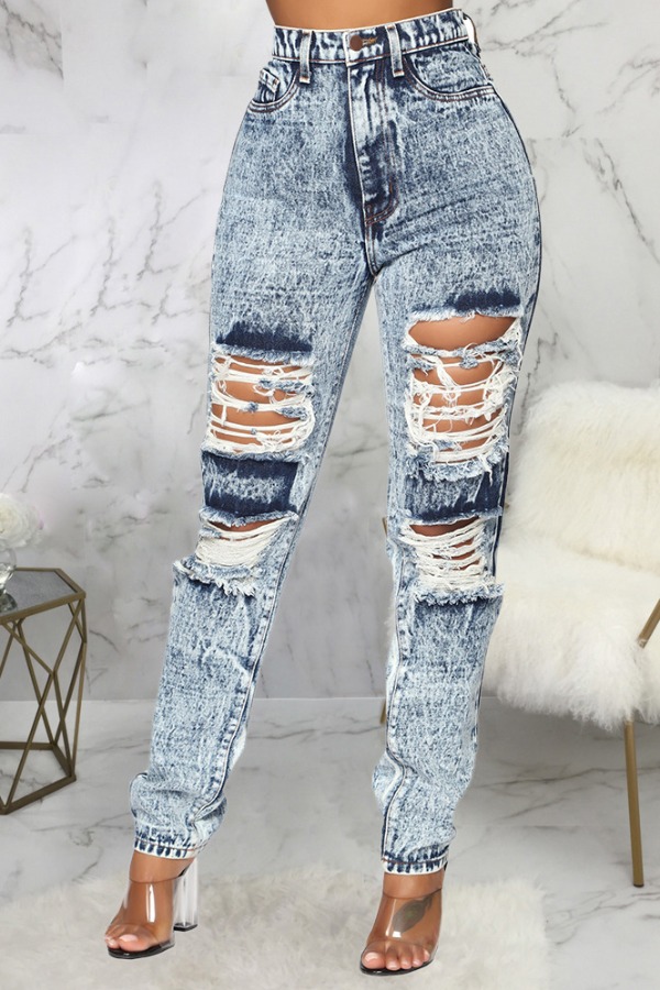 

lovely Casual Hollow-out Baby Blue Jeans