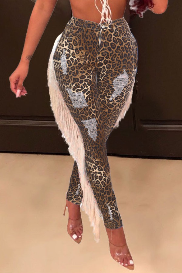 

lovely Trendy Leopard Print Tassel Design Jeans