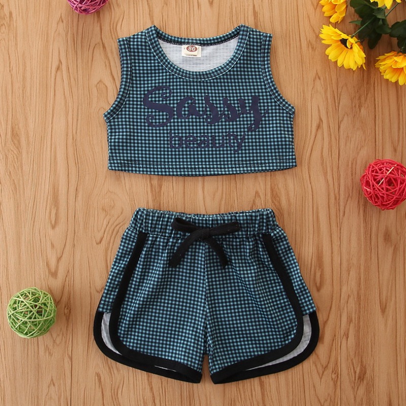 

lovely Sweet Letter Print Blue Girl Two-piece Shorts Set