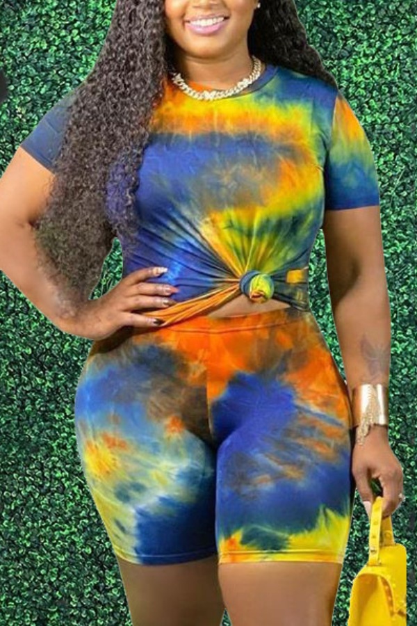 

lovely Leisure O Neck Tie Dye Blue Two Piece Shorts Set