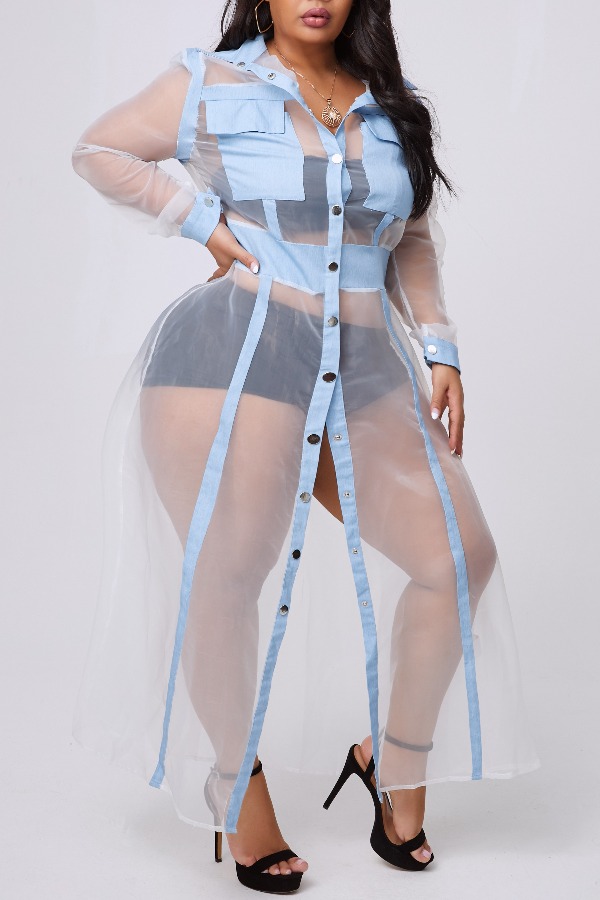 

Lovely Casual See-through Blue Plus Size Coat