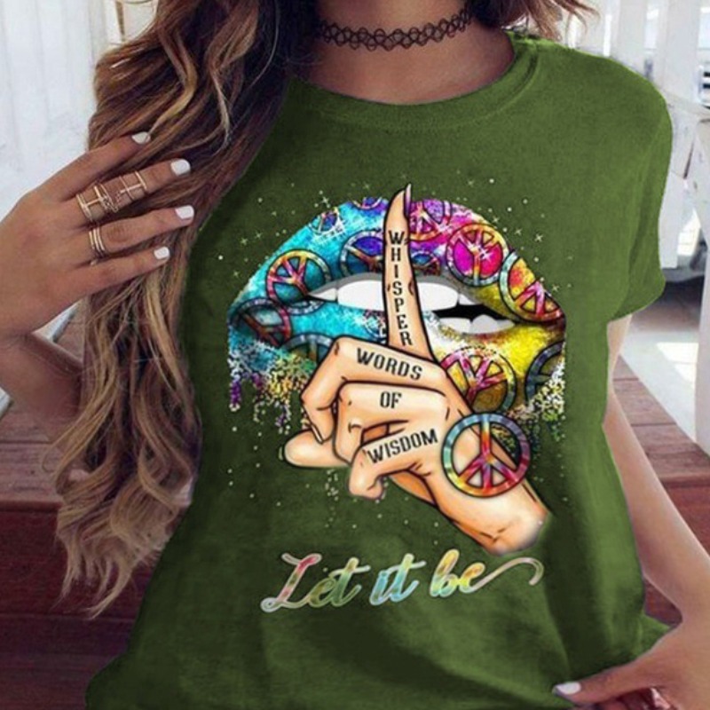 

lovely Leisure O Neck Lip Print Green Plus Size T-shirt