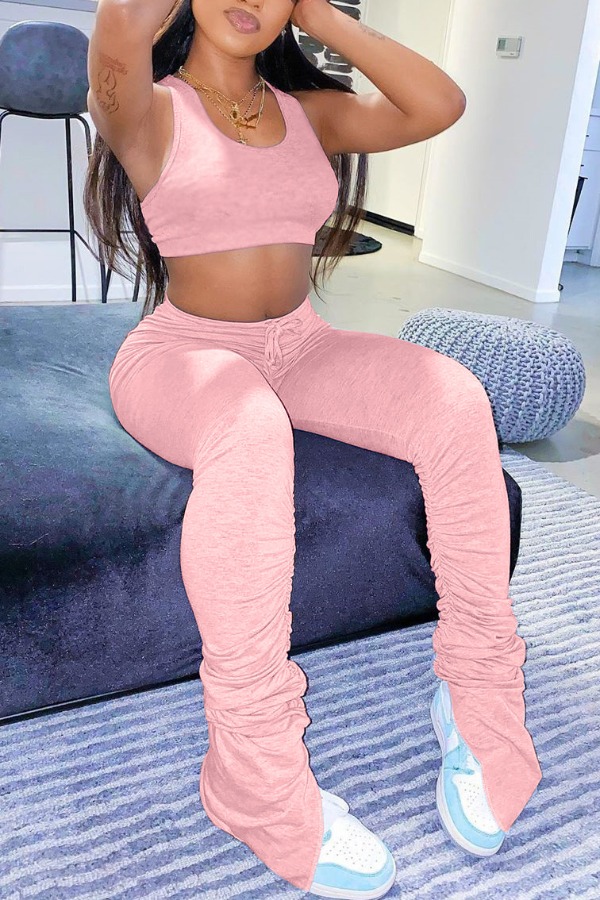 

lovely Sportswear Fold Design Pink Two Piece Pants Set