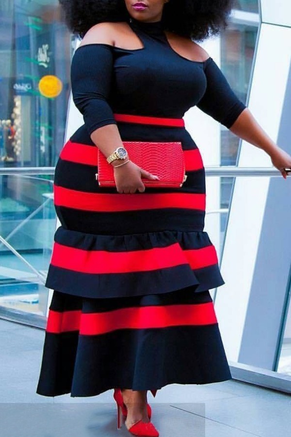 

lovely Stylish Striped Hollow-out Red Ankle Length Plus Size Dress