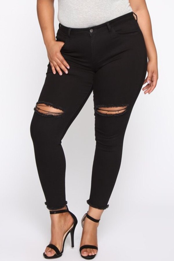 

lovely Stylish Hollow-out Black Plus Size Jeans