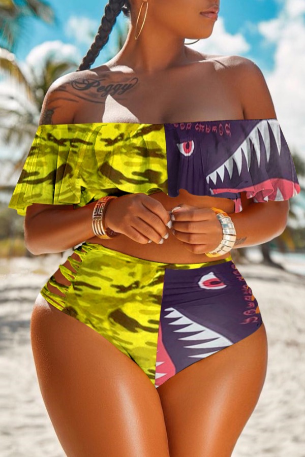 

lovely Print Patchwork Yellow Plus Size Two-piece Swimsuit