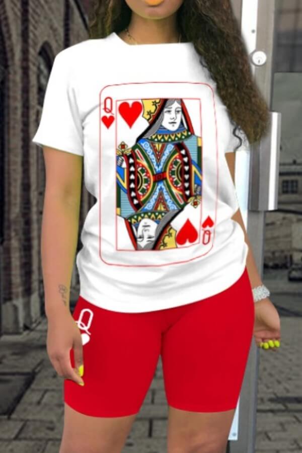 LovelyWholesale Leisure O Neck Print Red Two-piece Shorts Set Summer Short Sleeve Street Patchwork Round Neck Spring Summer 2024