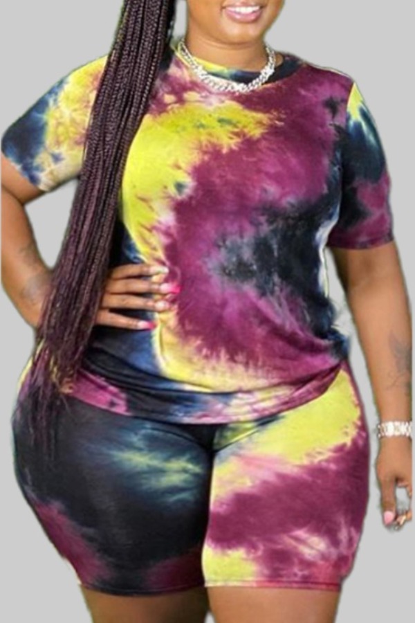 

lovely Leisure O Neck Tie-dye Black Plus Size Two-piece Shorts Set