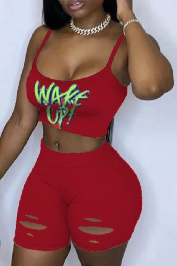 

lovely Sportswear Letter Print Red Two Piece Shorts Set