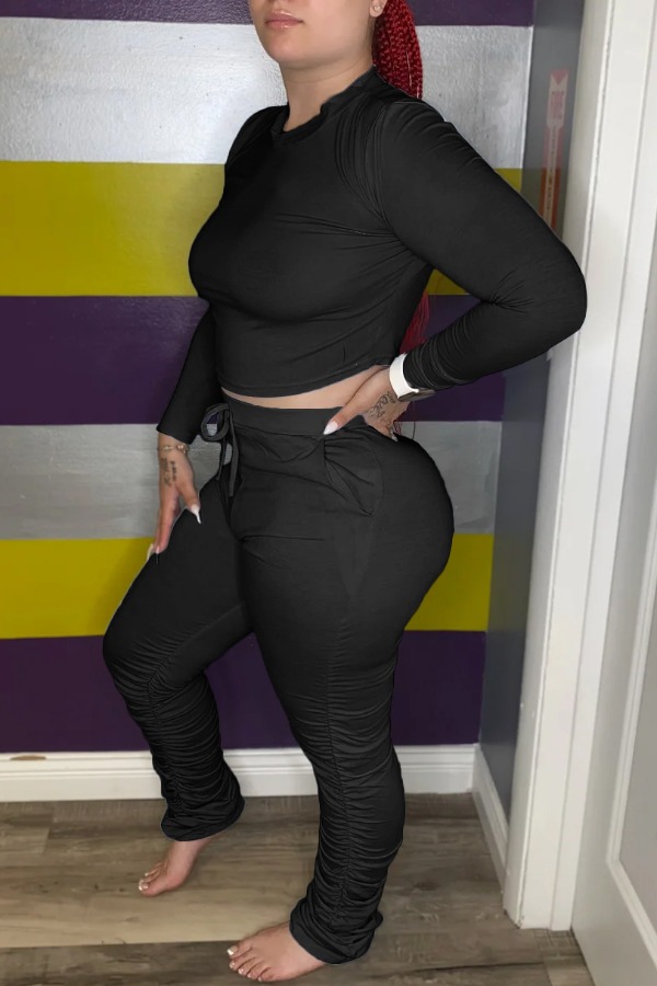 

lovely Leisure Skinny Lace-up Black Two Piece Pants Set