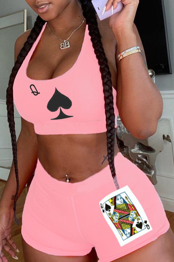 

lovely Sportswear U Neck Print Pink Two Piece Shorts Set
