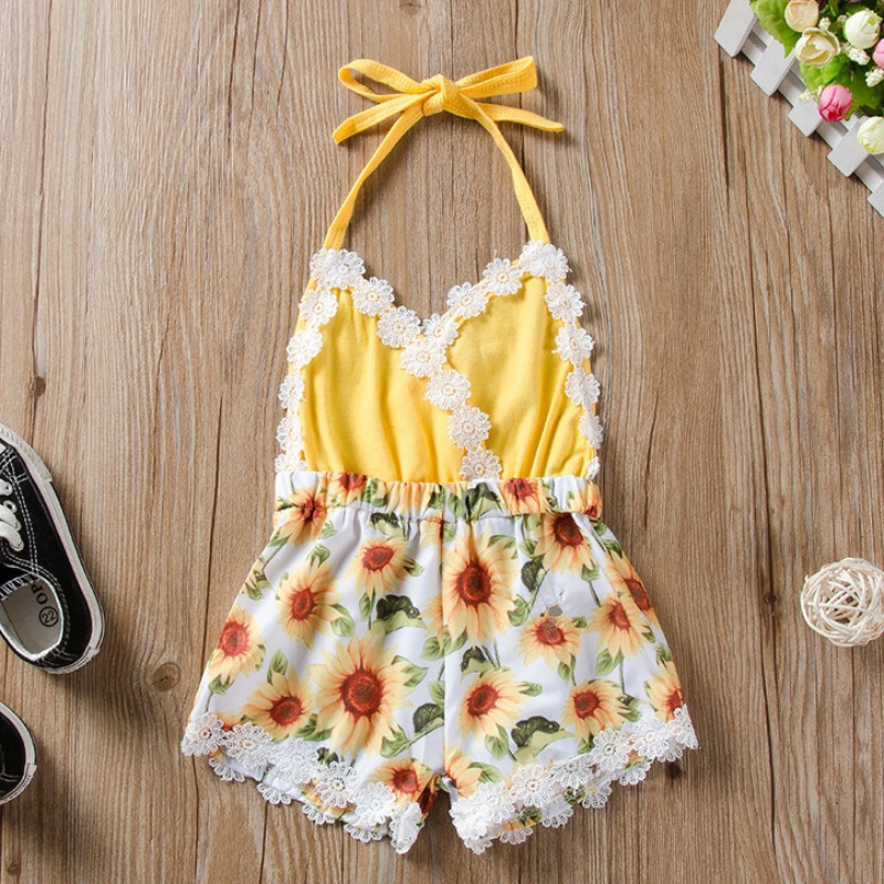 

lovely Sweet Floral Print Yellow Girl One-piece Romper