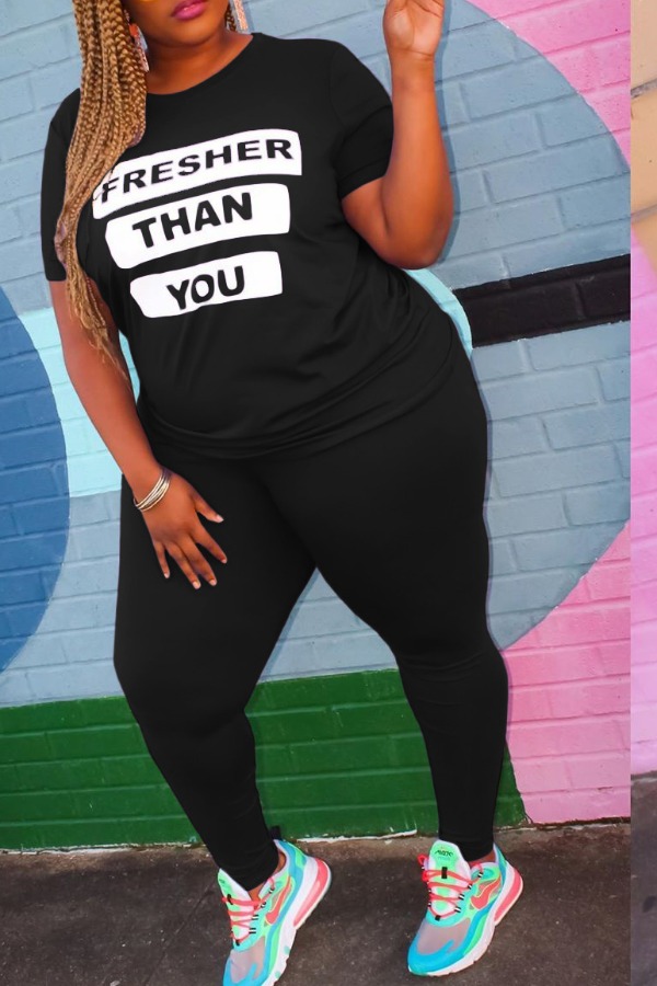 lovely Street Letter Print Black Plus Size Two-piece Pants Set