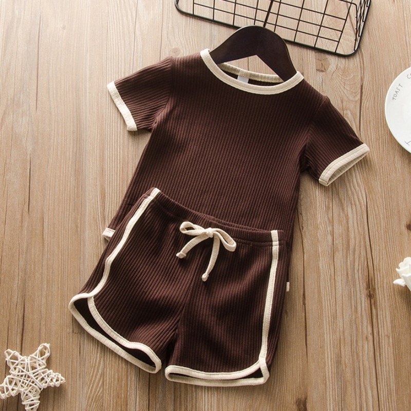 

lovely Sportswear O Neck Patchwork Brown Girl Two-piece Shorts Set