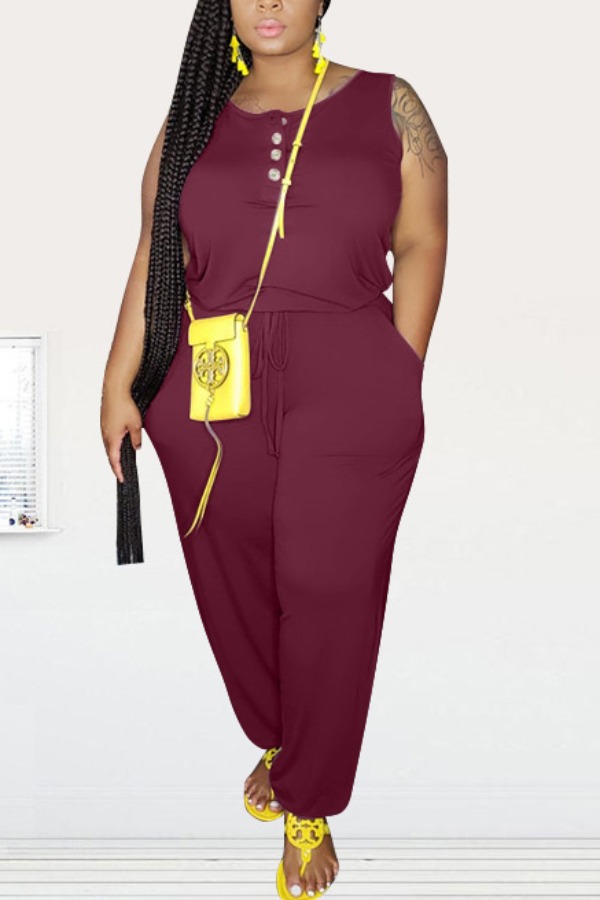 

lovely Leisure Buttons Design Wine Red Plus Size One-piece Jumpsuit