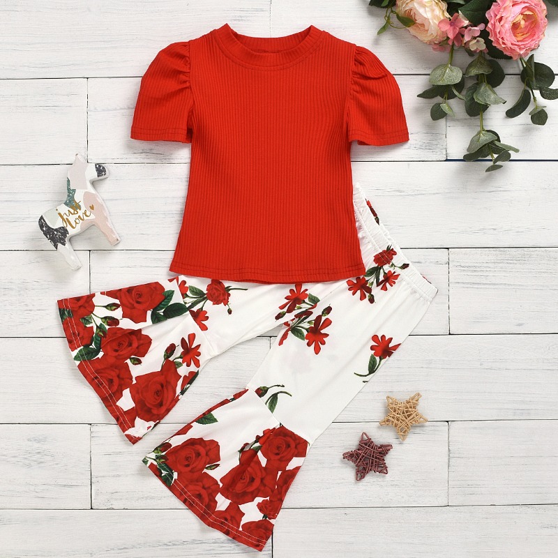 

lovely Trendy O Neck Print Red Girl Two-piece Pants Set