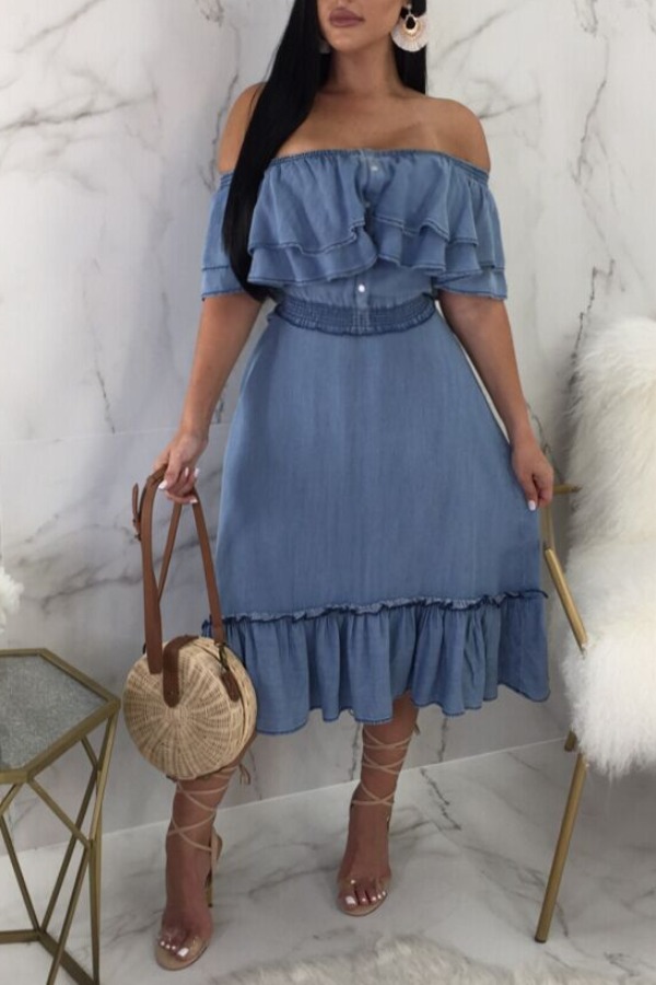 

lovely Sweet Flounce Design Blue Knee Length Denim Dresses