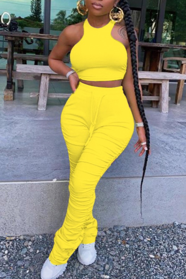 

LW Crop Top Drawstring Fold Design Pants Set, Yellow