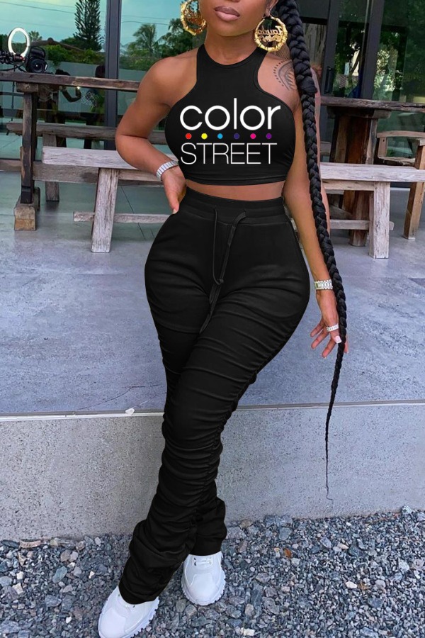 

lovely Casual Letter Print Black Two Piece Pants Set