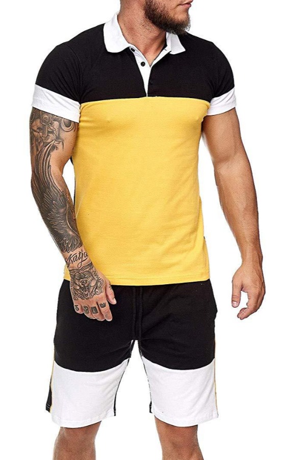 

lovely Casual O Neck Patchwork Yellow Two-piece Shorts Set