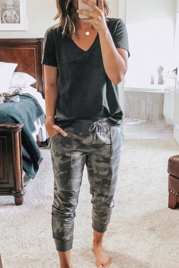 

lovely Leisure V Neck Print Black Loungewear