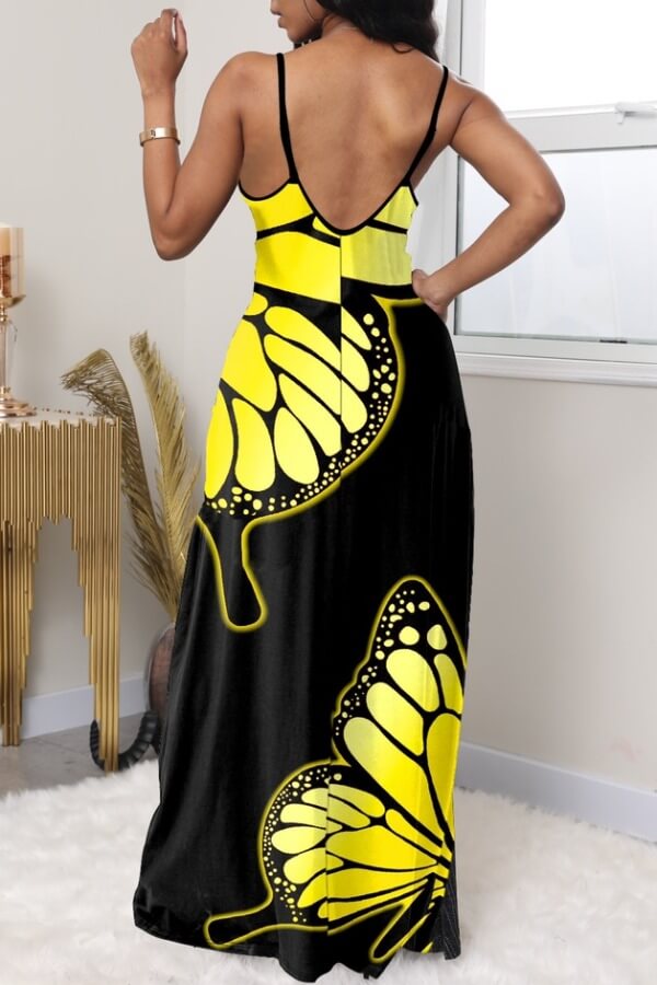 LW Stylish Butterfly Print Black Maxi Dress