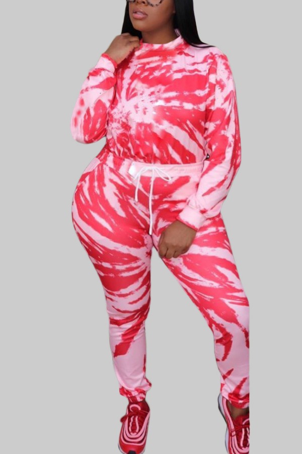 

lovely Street O Neck Print Red Plus Size Two-piece Pants Set