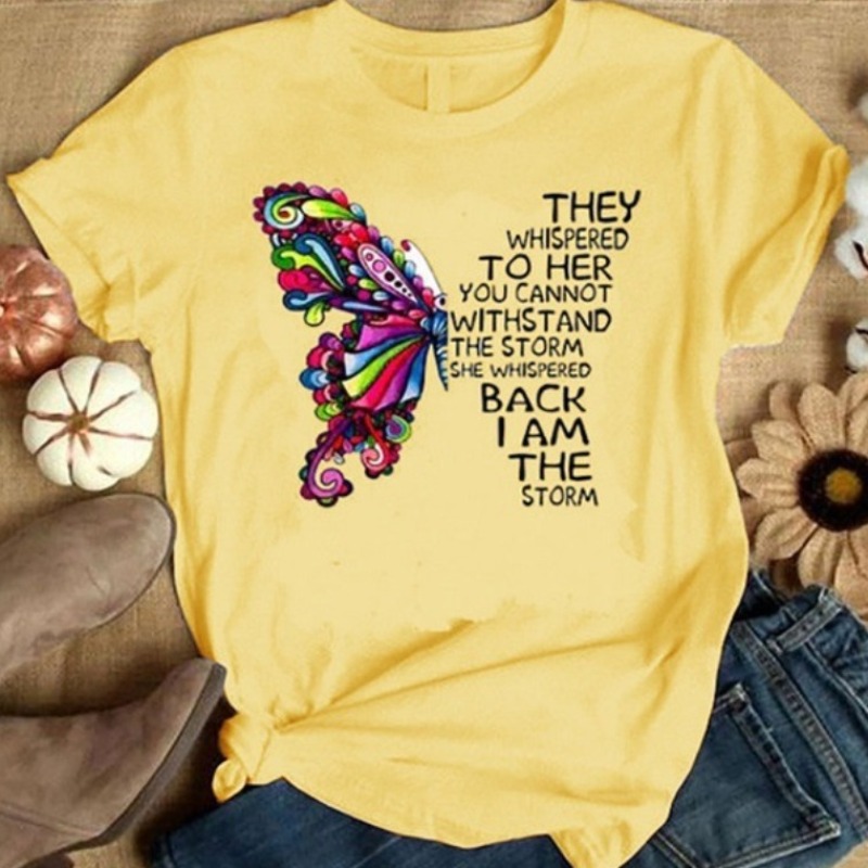 

Lovely Casual O Neck Butterfly Print Yellow Plus Size T-shirt