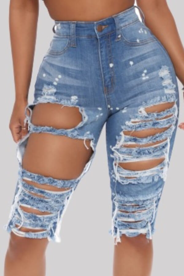 

Lovely Street Hollow-out Blue Denim Shorts
