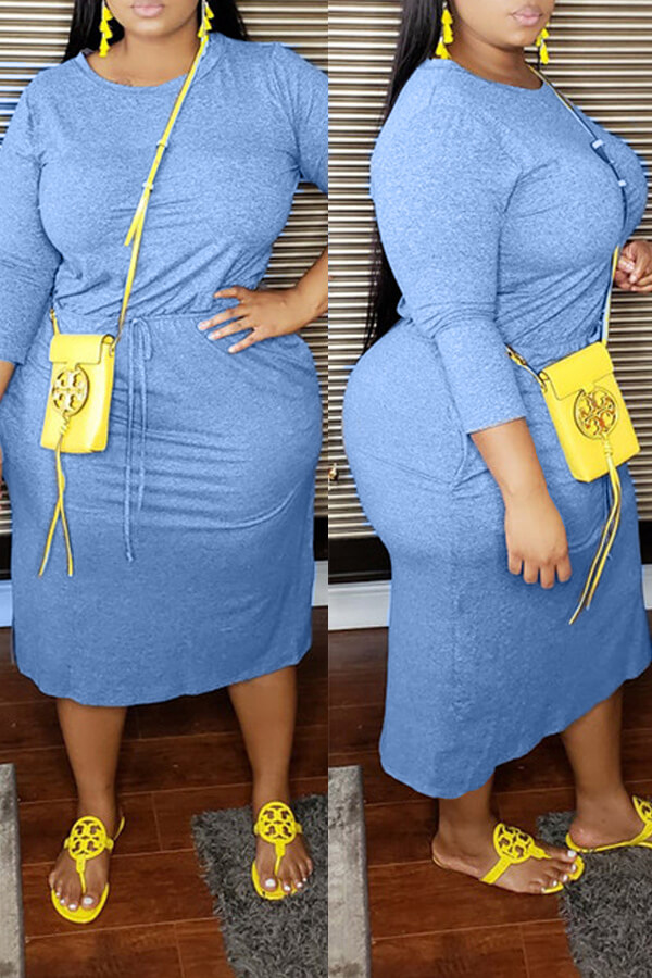 

Lovely Casual O Neck Lace-up Blue Mid Calf Plus Size Dress