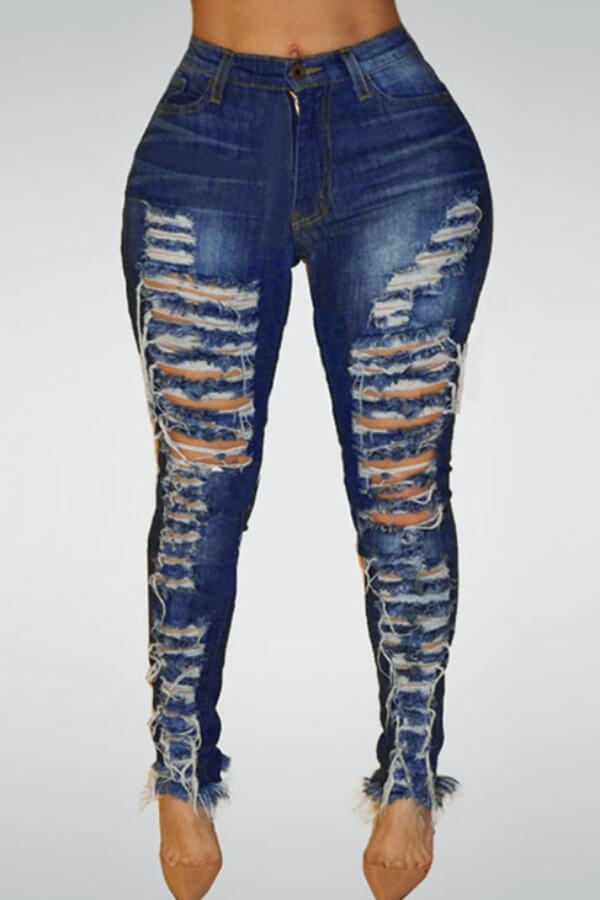 

Lovely Trendy High Waist Broken Holes Dark Blue Denim Pants, Deep blue