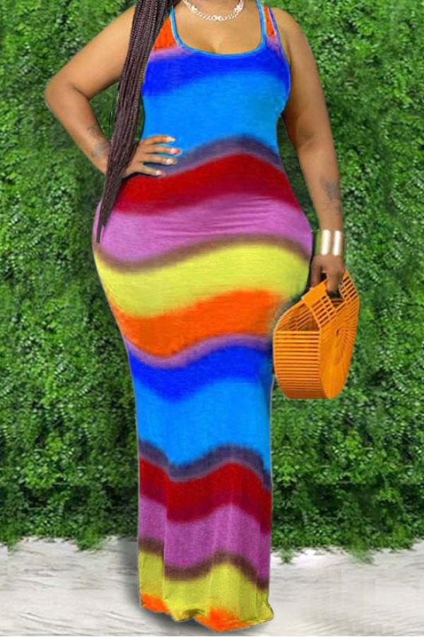 

Lovely Bohemian Rainbow Striped Blue Maxi Plus Size Dress