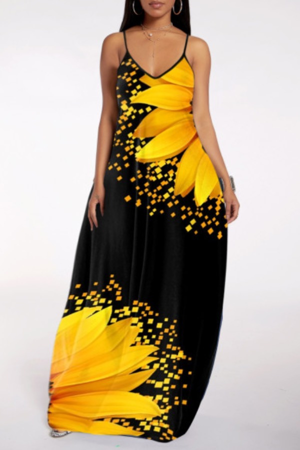

Lovely Street Print Yellow Maxi Plus Size Dress
