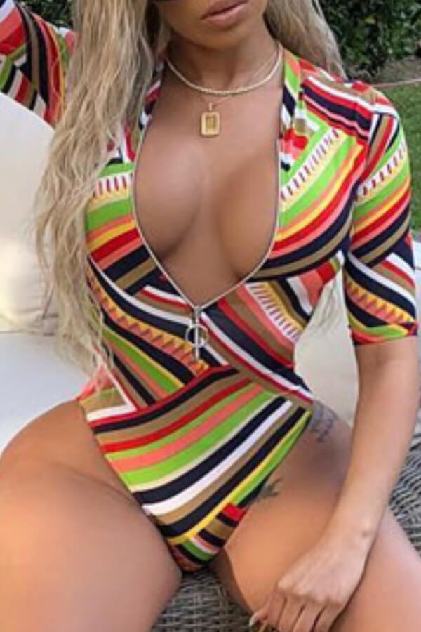 

Lovely Plus Size Striped Print Zipper Design Yellow One-piece Swimsuit