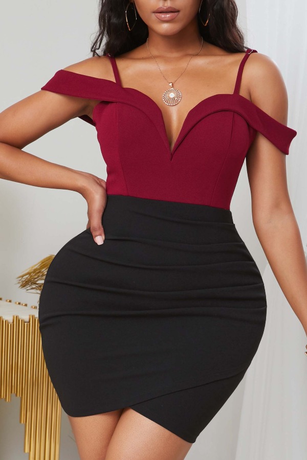 

lovely Trendy Patchwork Wine Red Mini Dress