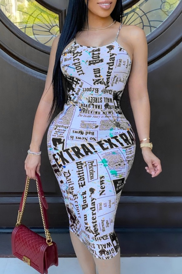 

lovely Street Dew Shoulder Letter Print Black Knee Length Dress