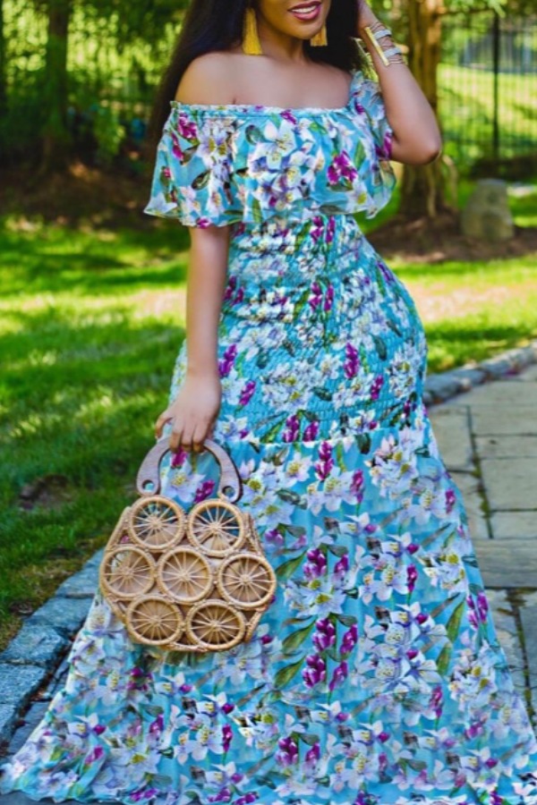 

Lovely Bohemian Floral Print Blue Maxi Dress