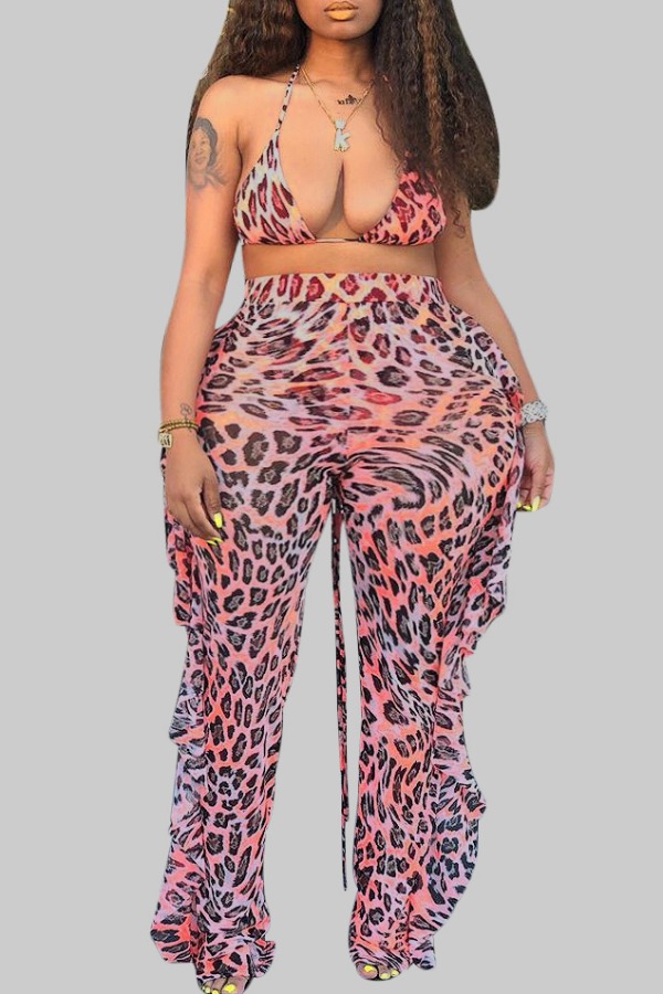 

Lovely Plus Size Ruffle Design Leopard Print Two-piece Swimwear