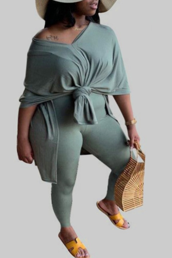 

lovely Leisure V Neck Basic Green Plus Size Two-piece Pants Set