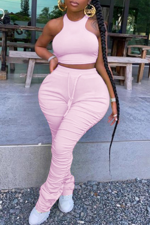 

Lovely Stylish Fold Design Pink Plus Size Two-piece Pants Set