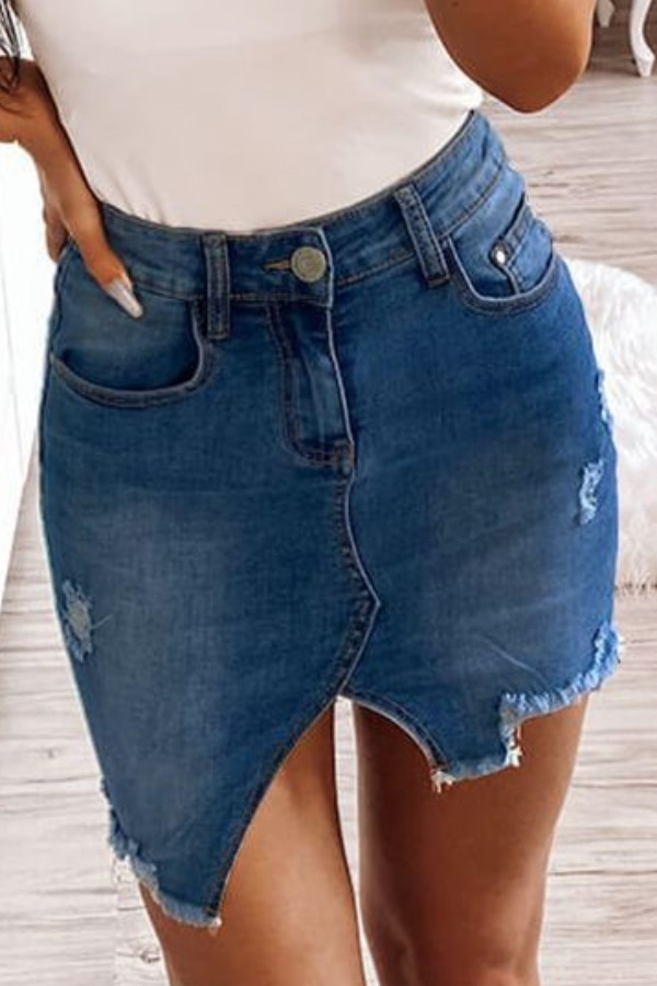

lovely Stylish Asymmetrical Deep Blue Denim Skirt