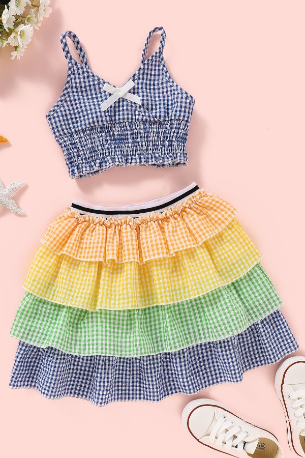 

lovely Sweet Grid Print Multicolor Girl Two-piece Skirt Set, Multi